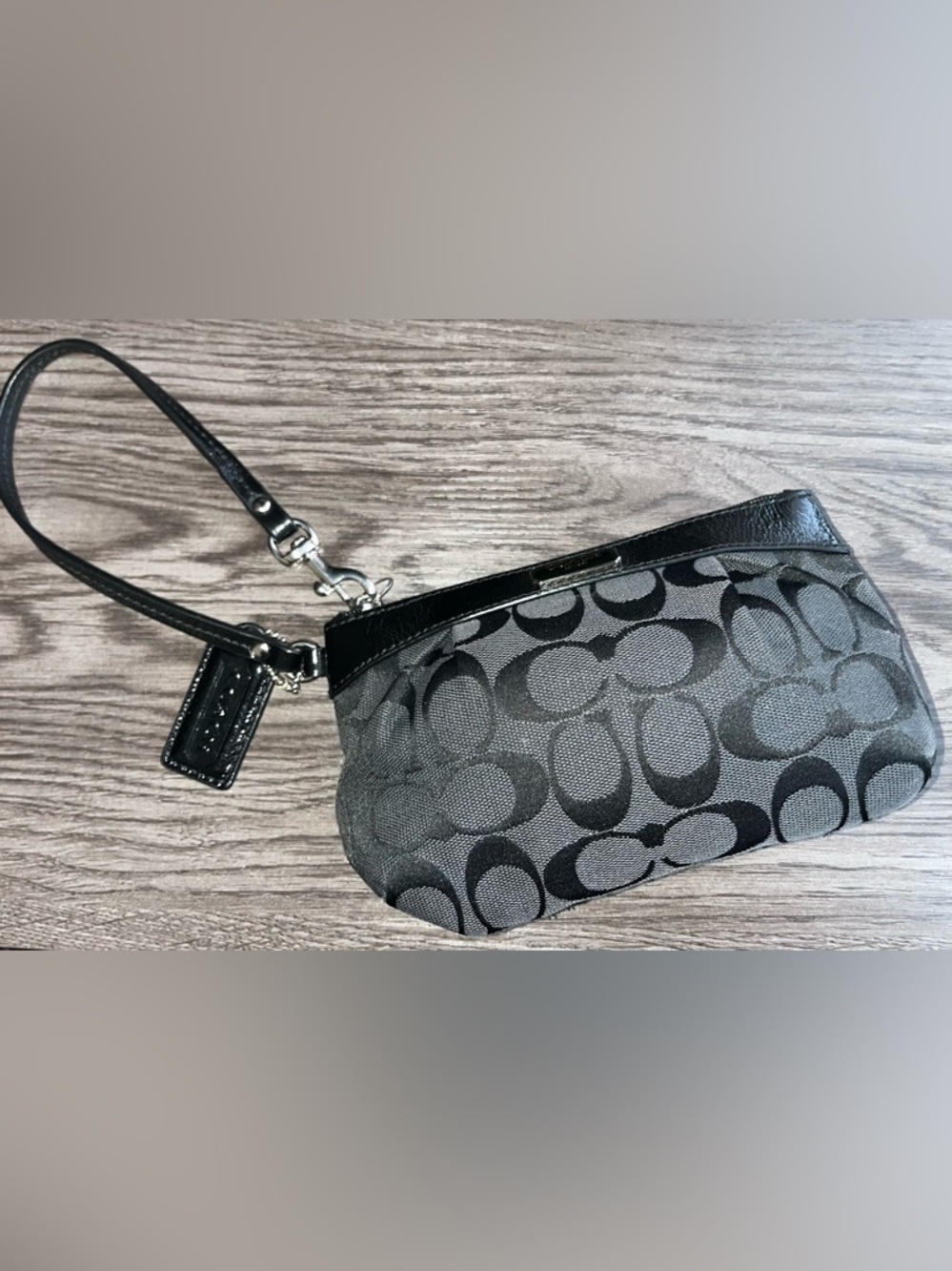 Coach Signature Jacquard Wristlet Black Grey Small Pouch Zip Clutch 7.5”L
